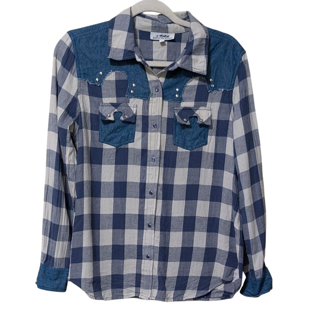 Back in the Saddle pearl snap cotton flannel buffalo check shirt size Medium